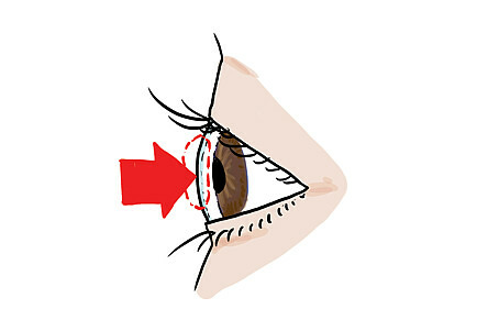 Zeichnung eines Auges von der Seite, ein roter Pfeil zeigt auf die Netzhaut