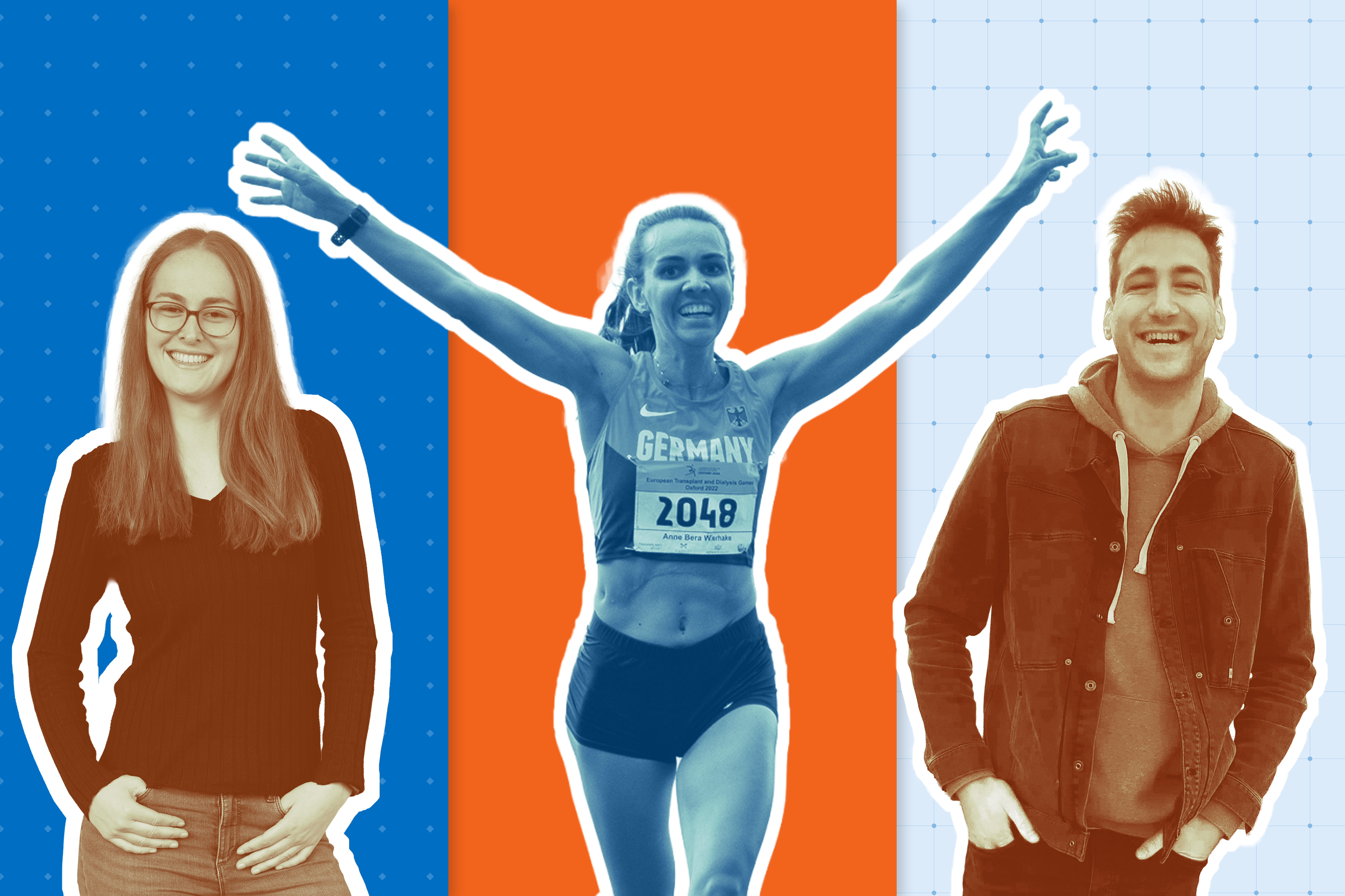 Zu sehen sind die drei transplantierten Athletinnen und Athleten Alexandra, Bera und Simon.