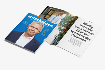 Zu sehen ist die zweite Ausgabe des Wartezimmermagazins „entscheiden. DAS MAGAZIN ZUR ORGAN- UND GEWEBESPENDE“. Abgebildet ist zum einen das Cover und eine aufgeklappte Seite des Magazins.