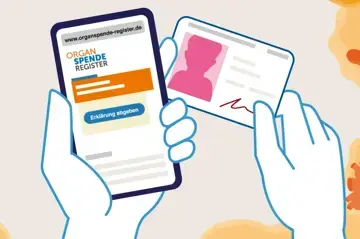 Zu sehen ist eine Illustration von zwei H&auml;nden, wobei die linke Hand ein Handy in der Hand h&auml;lt und die rechte Hand ein Personalausweis. Auf dem Handy ist ein Ausschnitt von der Website &bdquo;organspende-register.de" zu sehen mit dem Button &bdquo;Erkl&auml;rung abgeben".
