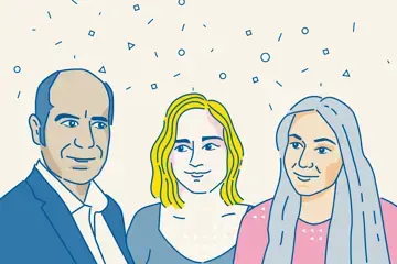 Auf dem Grafik-Cover der 5. Episode des Podcasts &bdquo;Sag mal...: &uuml;ber Organspende reden&ldquo; sind ein Mann im Anzug und zwei Frauen abgebildet. Sie schauen sich gegenseitig an und l&auml;cheln freundlich.