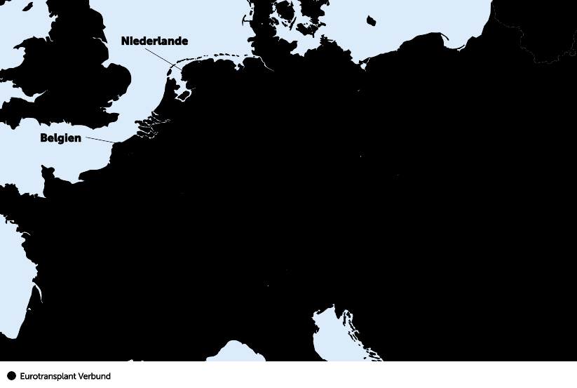 Die Grafik zeigt eine Landkarte. Alle Länder, die zu Eurotransplant gehören, sind orange markiert. Dazu gehören Belgien, Deutschland, Kroatien, Luxemburg, die Niederlande, Österreich, Slowenien und Ungarn.