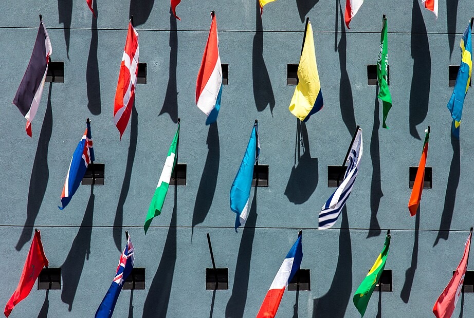 Das Foto zeigt viele verschiedene Länderflaggen, die im Wind wehen.