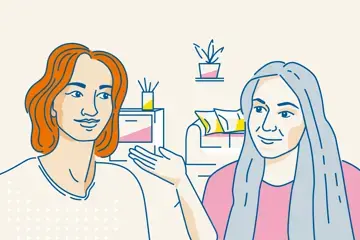 Auf dem Grafik-Cover der 2. Episode des Podcasts &bdquo;Sag mal...: &uuml;ber Organspende reden&ldquo; sind zwei junge Frauen abgebildet. Sie schauen sich an und unterhalten sich. Eine der Frauen gestikuliert mit ihrer Hand. Im Hintergrund ist ein Wohnzimmer angezeichnet.