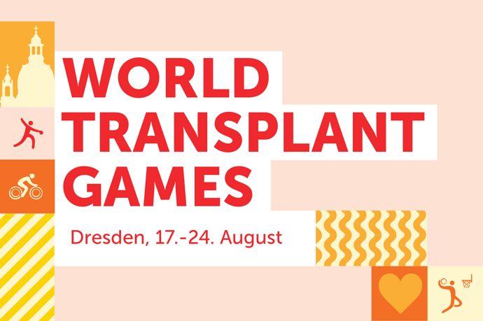 Zu sehen ist der Schriftzug "World Transplant Games" auf farbigem Untergrund mit dem Zusatz "Dresden, 17. bis 24. August"