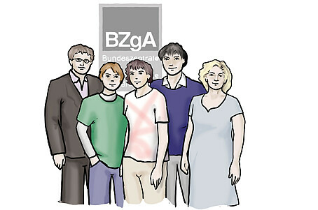 Zeichnung 5 Personen stehen vor BZgA Logo im Hintergrund