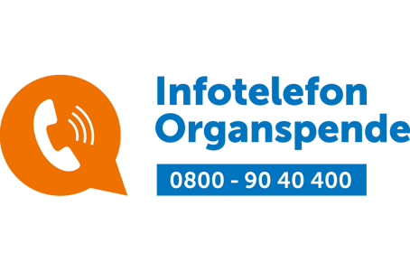 Zu sehen ist das Logo des Infotelefons Organspende. Es beinhaltet ein orangenes Telefon-Icon sowie den Schriftzug „Infotelefon Organspende“ sowie die Telefonnummer 0800 90 40 400.