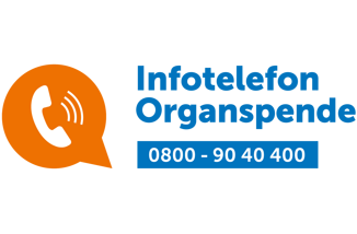 Zu sehen ist das Logo des Infotelefons Organspende. Es beinhaltet ein orangenes Telefon-Icon sowie den Schriftzug „Infotelefon Organspende“ sowie die Telefonnummer 0800 90 40 400.