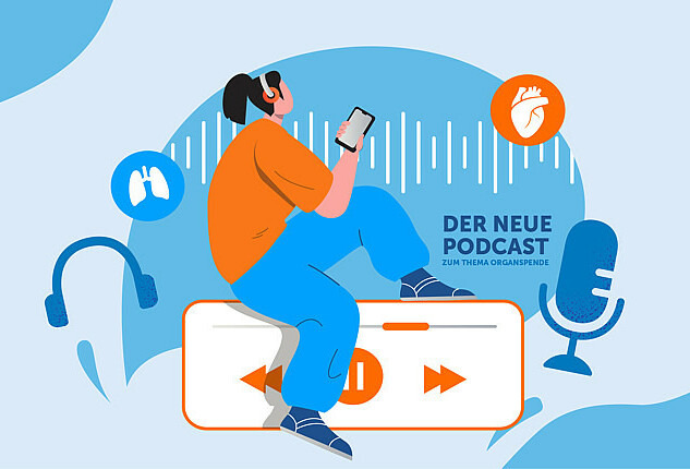 Das animierte Bild zeigt eine Person mit Kopfhörern auf dem Kopf und einem Handy in der Hand. Sie sitzt auf einem Audio-Menü, auf der sich ein Play- und Pause-Knopf sowie Pfeiltasten nach rechts und linke befinden.