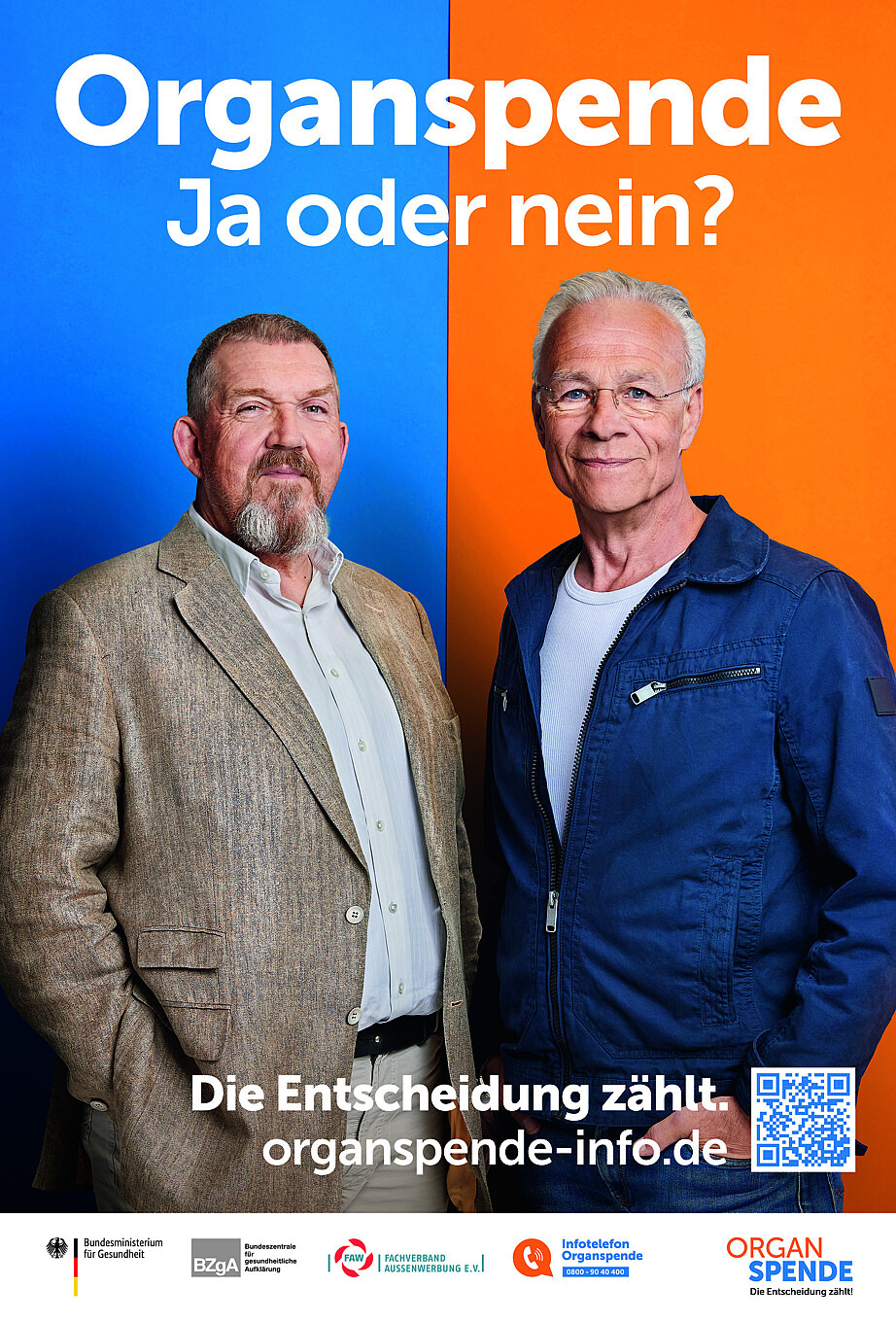 Kampagnenmotiv im Hochformat mit den Schauspielern Dietmar Bär und Klaus J. Behrendt.