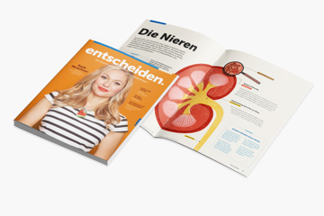 Zu sehen ist die erste Ausgabe des Wartezimmermagazins „entscheiden. DAS MAGAZIN ZUR ORGAN- UND GEWEBESPENDE“. Abgebildet ist zum einen das Cover und eine aufgeklappte Seite des Magazins.