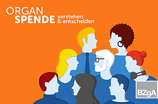 Die Grafik zeigt acht unterschiedliche Personen mit blauer Kleidung auf orangen Hintergrund. Ihre Haut ist bläulich und ihre Gesichter blank. In der linken oberen Ecke steht „Organspende verstehen & entscheiden“.