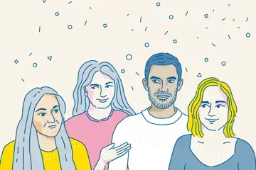 Auf dem Grafik-Cover der 7. Episode des Podcasts &bdquo;Sag mal...: &uuml;ber Organspende reden&ldquo; sind vier Personen ab Brusth&ouml;he abgebildet. Eine Frau gestikuliert mit ihrer Hand und scheint den anderen etwas zu erz&auml;hlen.