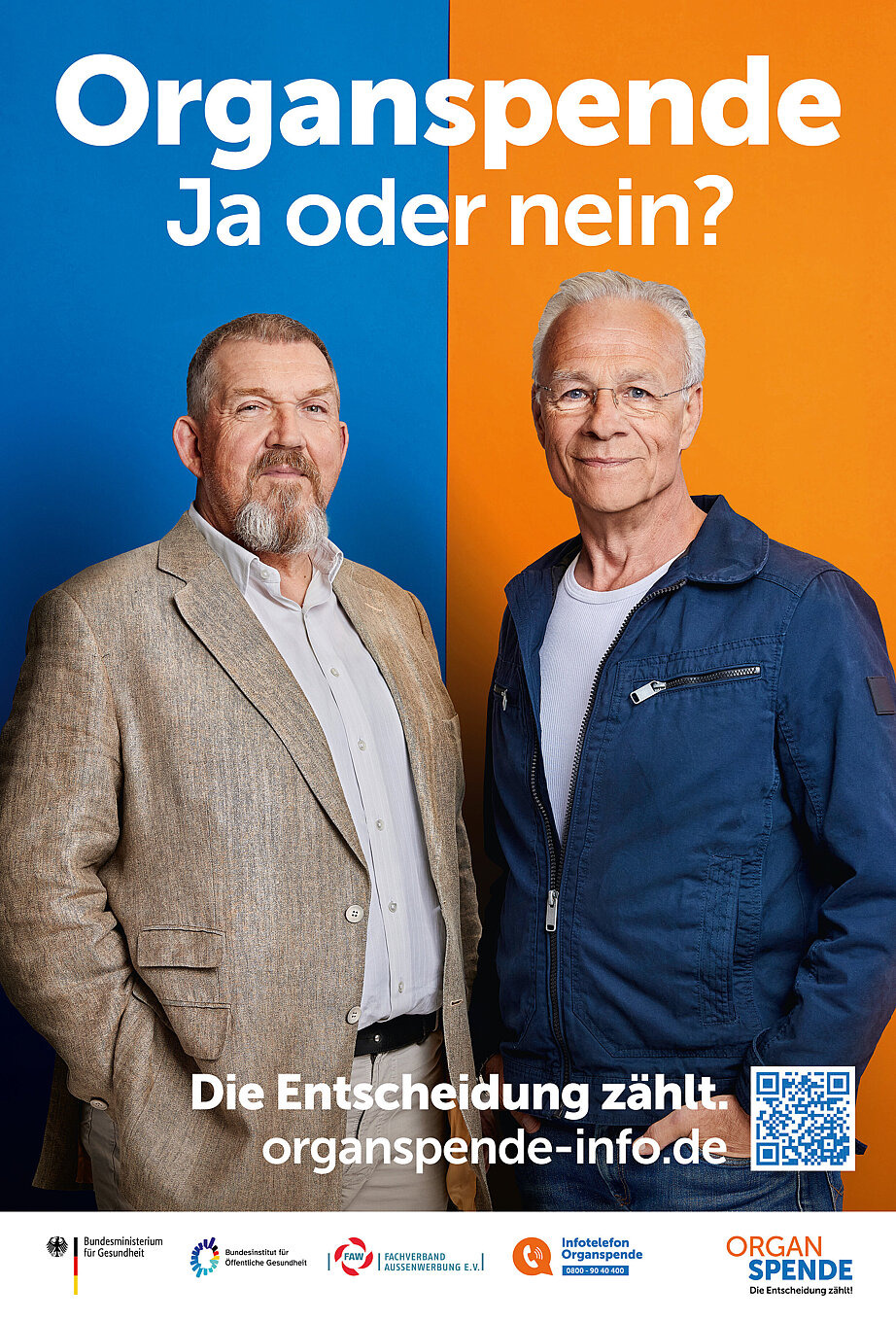 Kampagnenmotiv im Hochformat mit den Schauspielern Dietmar Bär und Klaus J. Behrendt.