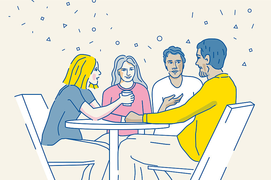 Auf dem Grafik-Cover der 3. Episode des Podcasts &bdquo;Sag mal...:&nbsp;&uuml;ber Organspende reden&ldquo; sitzen vier Personen an einem Tisch und unterhalten sich anregend.