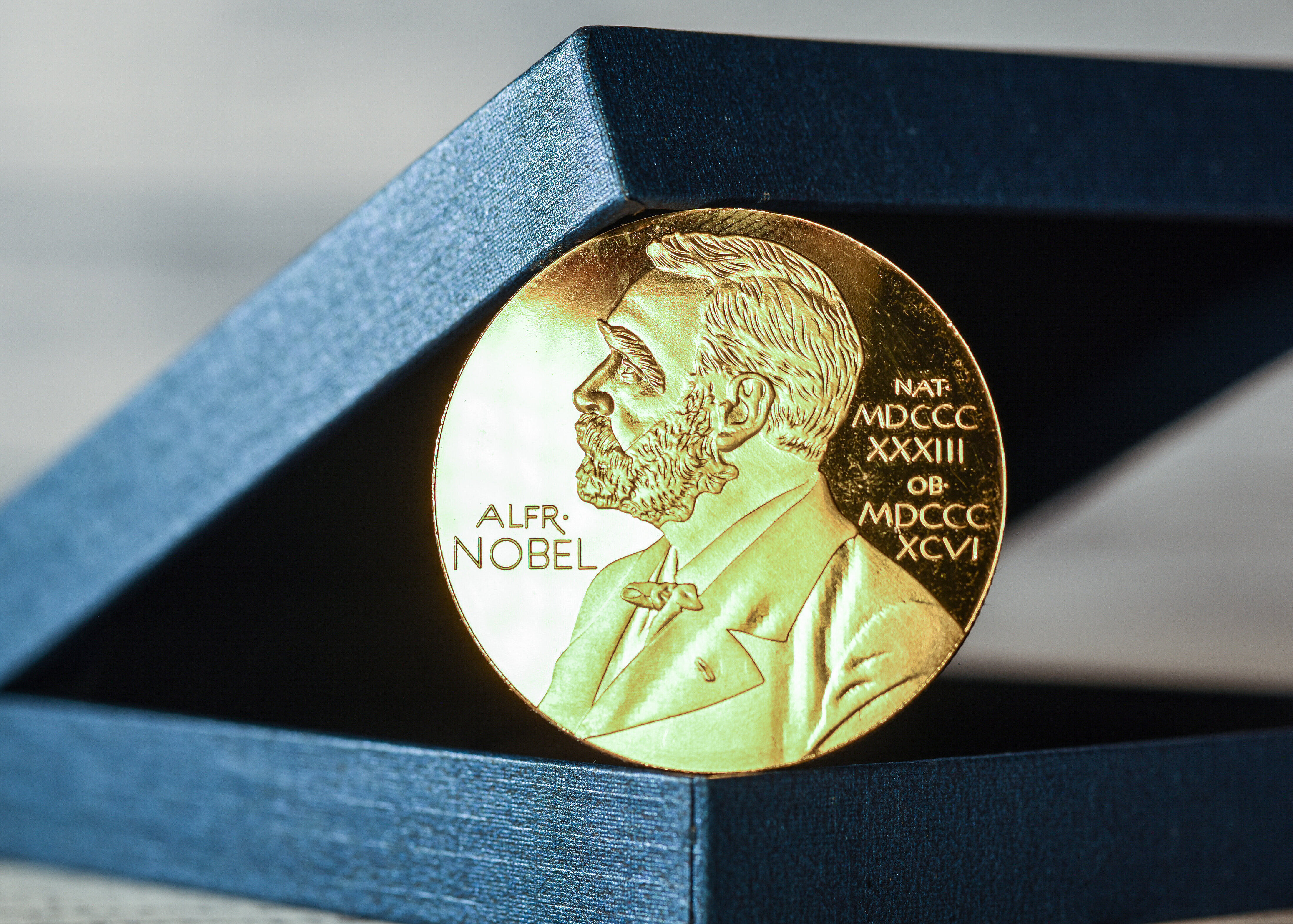 Das Bild zeigt eine Münze von Alfred Nobel mit einer Box.