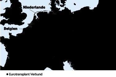 Die Grafik zeigt eine Landkarte. Alle Länder, die zu Eurotransplant gehören, sind orange markiert. Dazu gehören Belgien, Deutschland, Kroatien, Luxemburg, die Niederlande, Österreich, Slowenien und Ungarn.