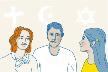 Auf dem Grafik-Cover der 6. Episode des Podcasts &bdquo;Sag mal...: &uuml;ber Organspende reden&ldquo; sind drei Personen abgebildet. &Uuml;ber ihren K&ouml;pfen sind ein Kreuz, ein Hilal und ein Davidstern gezeichnet.