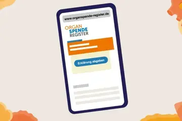 Zu sehen ist eine Illustration von einem Smartphone. Es wird darauf ein Ausschnitt von organspende-register.de gezeigt, bei dem der &bdquo;Erkl&auml;rung abgeben"-Button zu sehen ist.