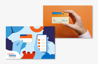 Zu sehen sind zwei Pressemotive. Auf einem wird ein Organspendeausweis von einer echten Hand hochgehalten. Das andere ist eine Illustration, auf dem unter anderem ein Organspendeausweis und ein Smartphone gezeichnet ist.