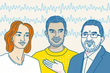 Auf dem Grafik-Cover der 4. Episode des Podcasts &bdquo;Sag mal...: &uuml;ber Organspende reden&ldquo; sind drei Personen abgebildet. Ein Mann im Anzug mit Bart und Brille redet und gestikuliert. Eine Frau und ein Mann schauen ihn an und h&ouml;ren zu. Im Hintergrund sind Wellen eines EKG-Ger&auml;ts gezeichnet.