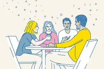 Auf dem Grafik-Cover der 3. Episode des Podcasts &bdquo;Sag mal...: &uuml;ber Organspende reden&ldquo; sitzen vier Personen an einem Tisch und unterhalten sich anregend.