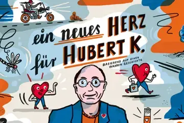 Hubert K. schaut l&auml;chelnd in die Kamera, um ihn herum kleine Elemente und Figuren aus dem Comic: Eine freundliche Herzfigur, ein Harley-Fahrer, eine M&uuml;cke, eine Batterie sowie B&auml;ume und B&uuml;sche. Hubert tr&auml;gt eine runde Brille, Sakko mit Herzanstecker und hat lichtes Haar. Der Stil der Graphic Novel ist holzschnittartig mit fl&auml;chigen Farben &ndash; Blau, Beige, Orange, Rot als Akzent. Die Outline sind locker, aber geschlossen.